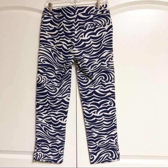 Lilly Pulitzer Navy Blue White Print Textured Capri Ankle Split Hem Kelly Pant 2 - Picture 1 of 9